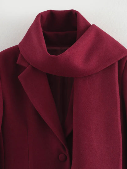 Woolen Blazer Jacket with Scarf - Red