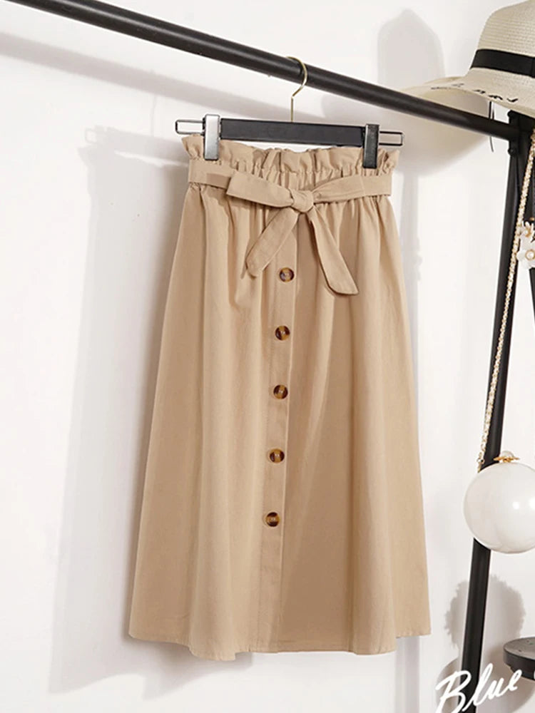 Summer Autumn High Waist Pleated Midi Skirt