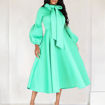 Elegant Bow Collar A Line Midi Dress - Light Blue