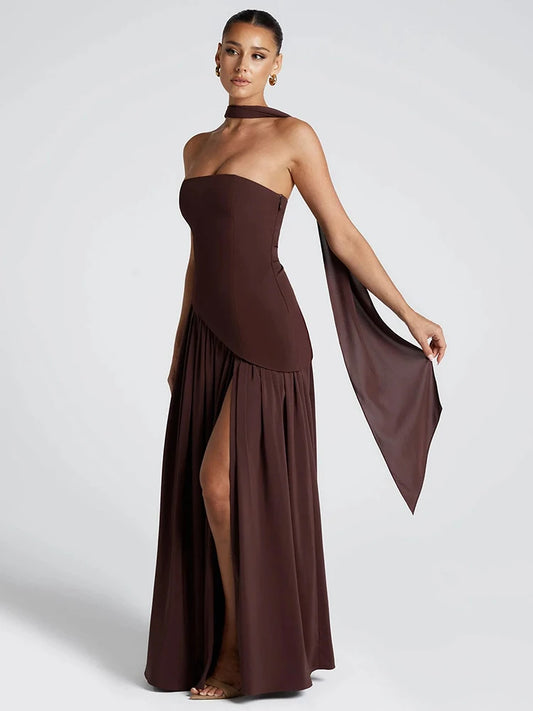 Elegant Slit Ribbon Maxi Dress - Brown