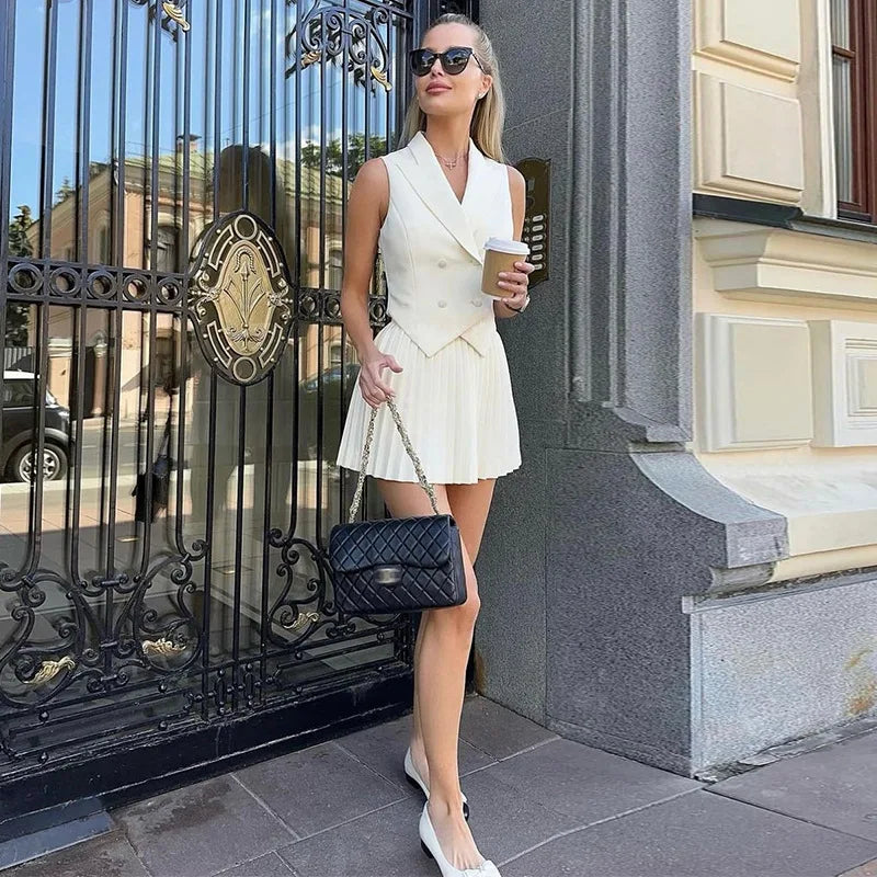 Elegant Folded Mini Skirt & Vest Set - White