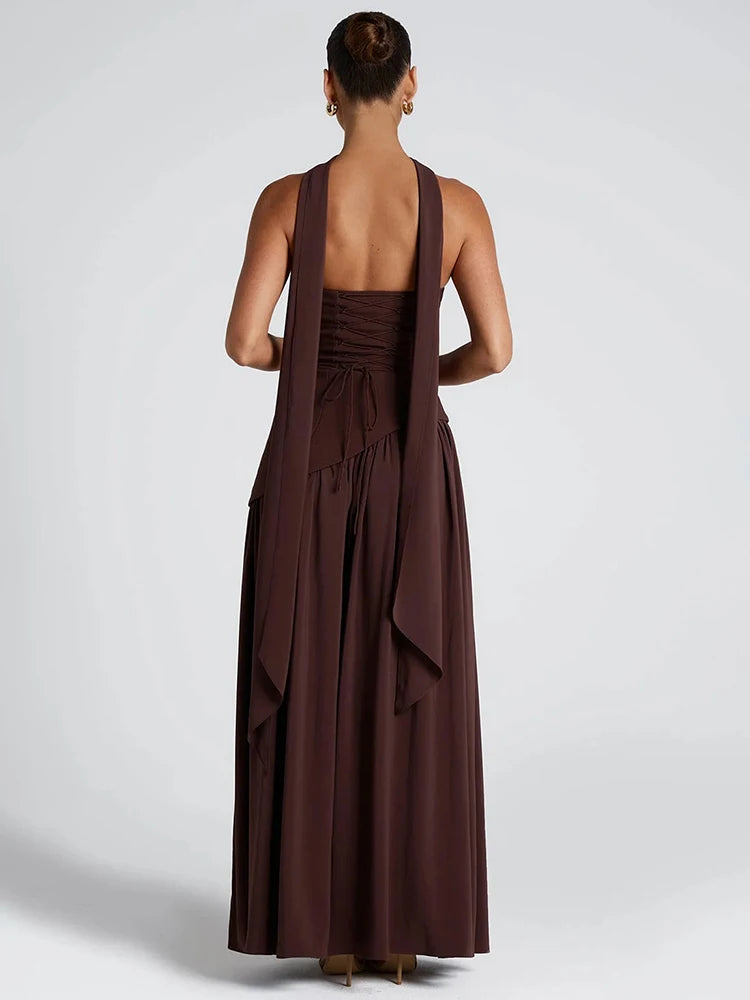 Elegant Slit Ribbon Maxi Dress - Brown