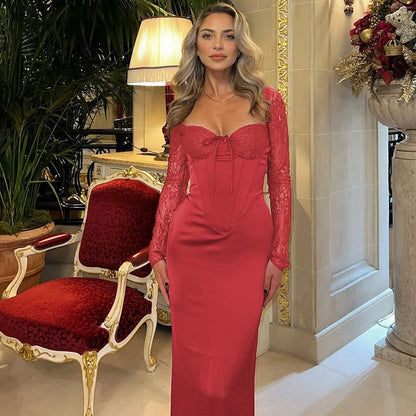 Slim Lace Long Sleeve Maxi Dress - Red