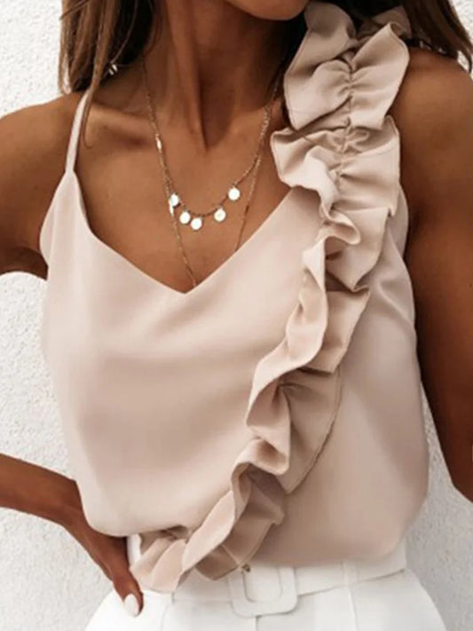 Sleeveless Ruffle V-Neck Blouse - Beige