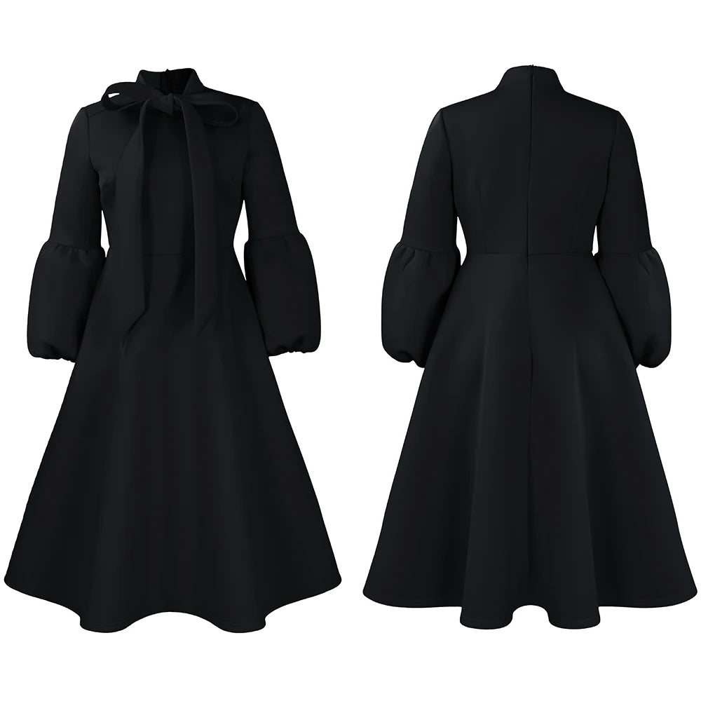 Elegant Bow Collar A Line Midi Dress - Black