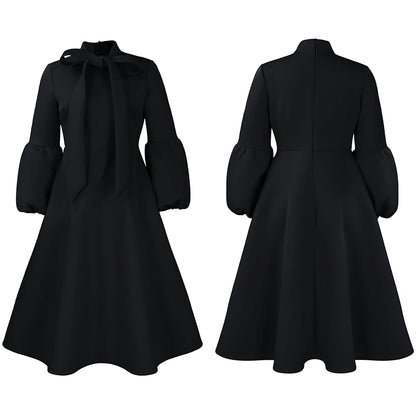 Elegant Bow Collar A Line Midi Dress - Black