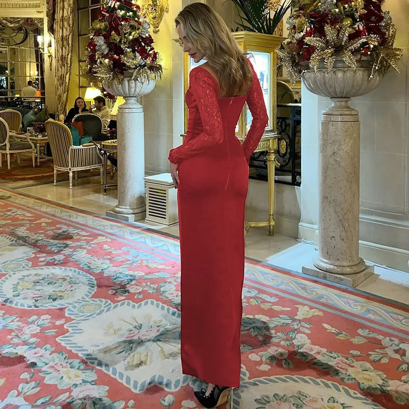 Slim Lace Long Sleeve Maxi Dress - Red
