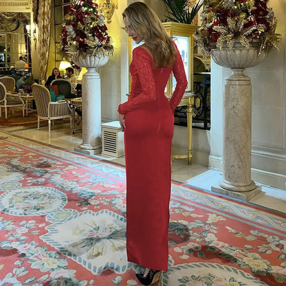 Slim Lace Long Sleeve Maxi Dress - Red