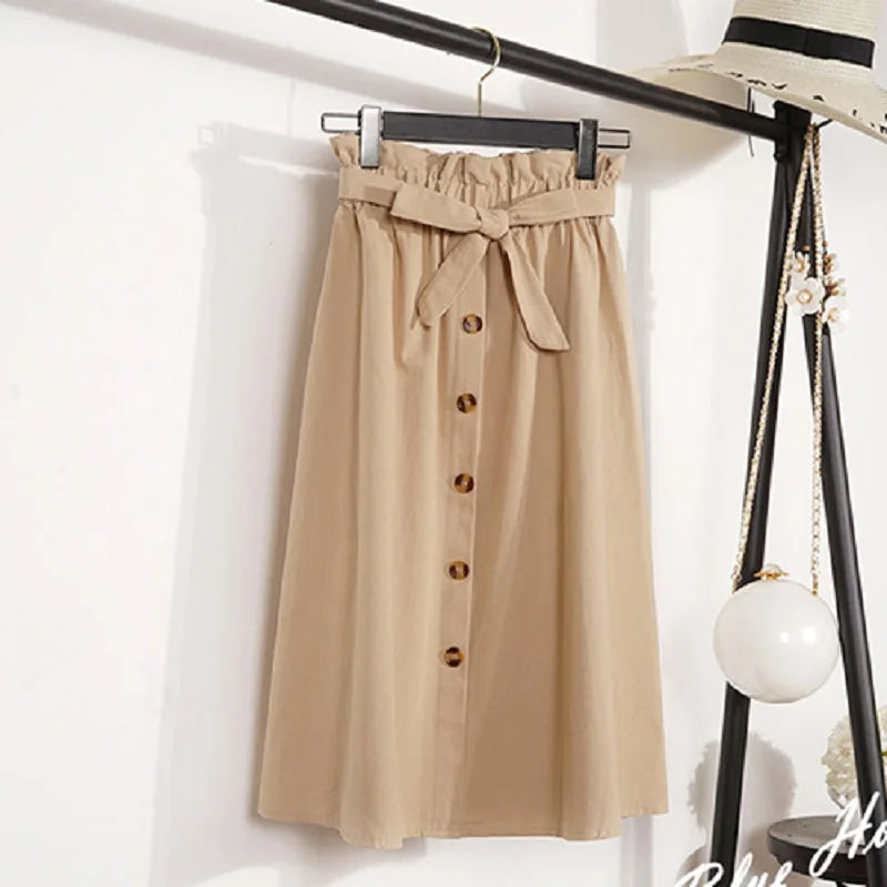 Summer Autumn High Waist Pleated Midi Skirt