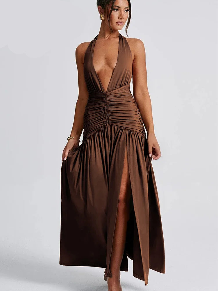 Deep V Neck Ruffled Maxi Dress - Brown