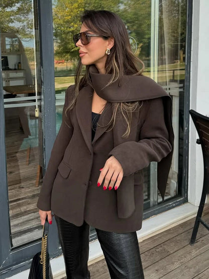 Woolen Blazer Jacket with Scarf - Brown