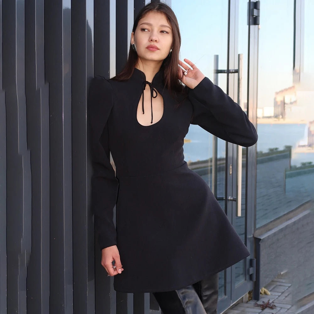 Retro Charm Stand Collar Mini Dress - A