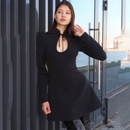 Retro Charm Stand Collar Mini Dress - A