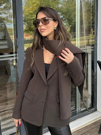 Woolen Blazer Jacket with Scarf - Brown