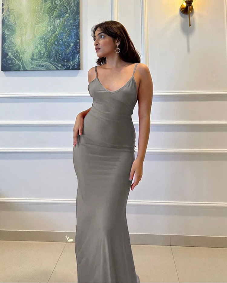 Elegant  Backless Mermaid Maxi Dress - Gray