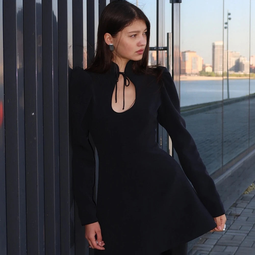 Retro Charm Stand Collar Mini Dress - A