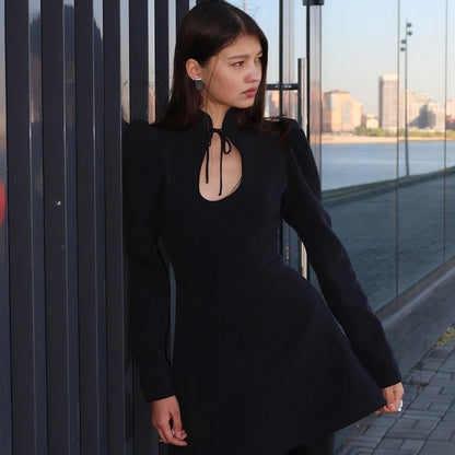 Retro Charm Stand Collar Mini Dress - A