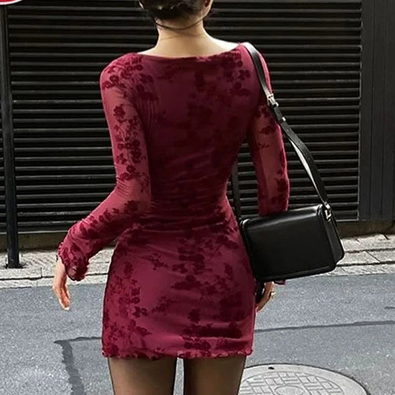 Wine Red Long Sleeve Mini Dress