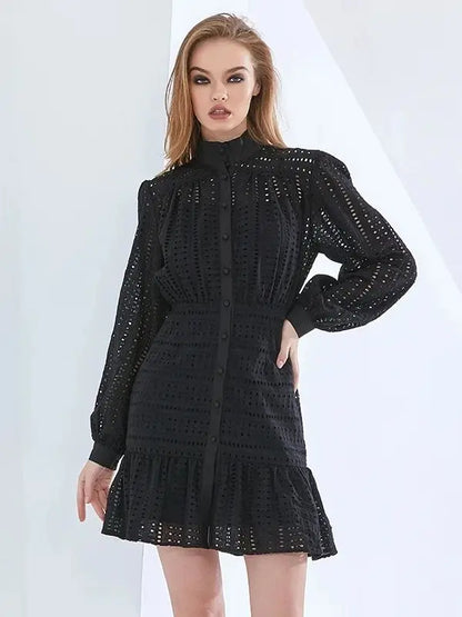 Elegant Hollow-Out Mini Dress - Black
