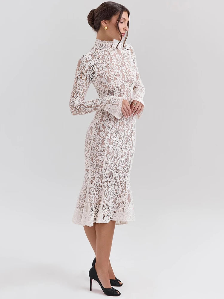 White Lace Bodycon Midi Dress