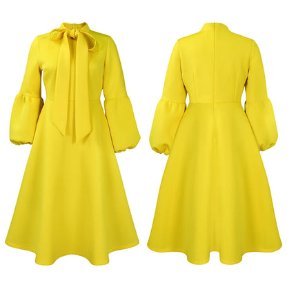 Elegant Bow Collar A Line Midi Dress - Yellow